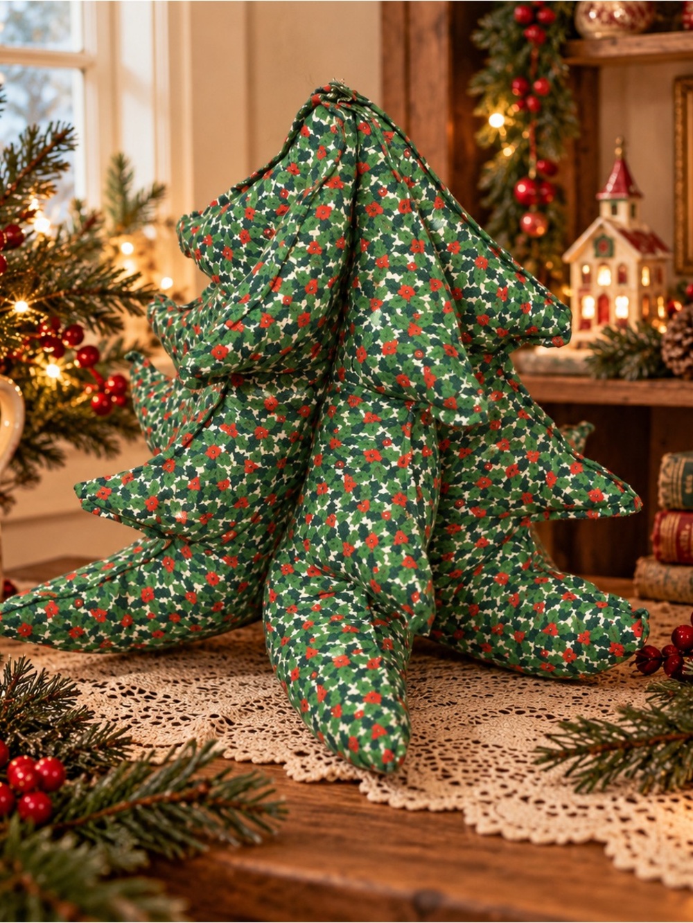 Vintage Christmas Tree Handmade Fabric Plush Stuffed 14.5” Holly Berry